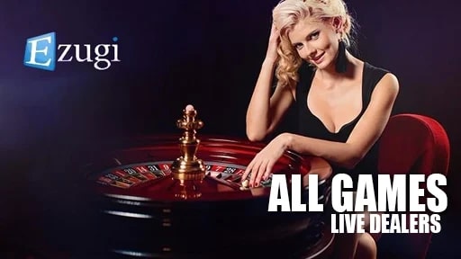 A glamorous live dealer hosting a roulette game under the Ezugi brand, featuring a stylish casino environment.