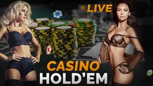 Two glamorous models showcasing the Casino Hold'em table, surrounded by poker chips in a live casino setting.