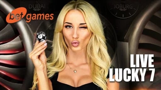 A charismatic live game hostess holding a lottery ball for the game Lucky 7, with a sleek gaming setup.