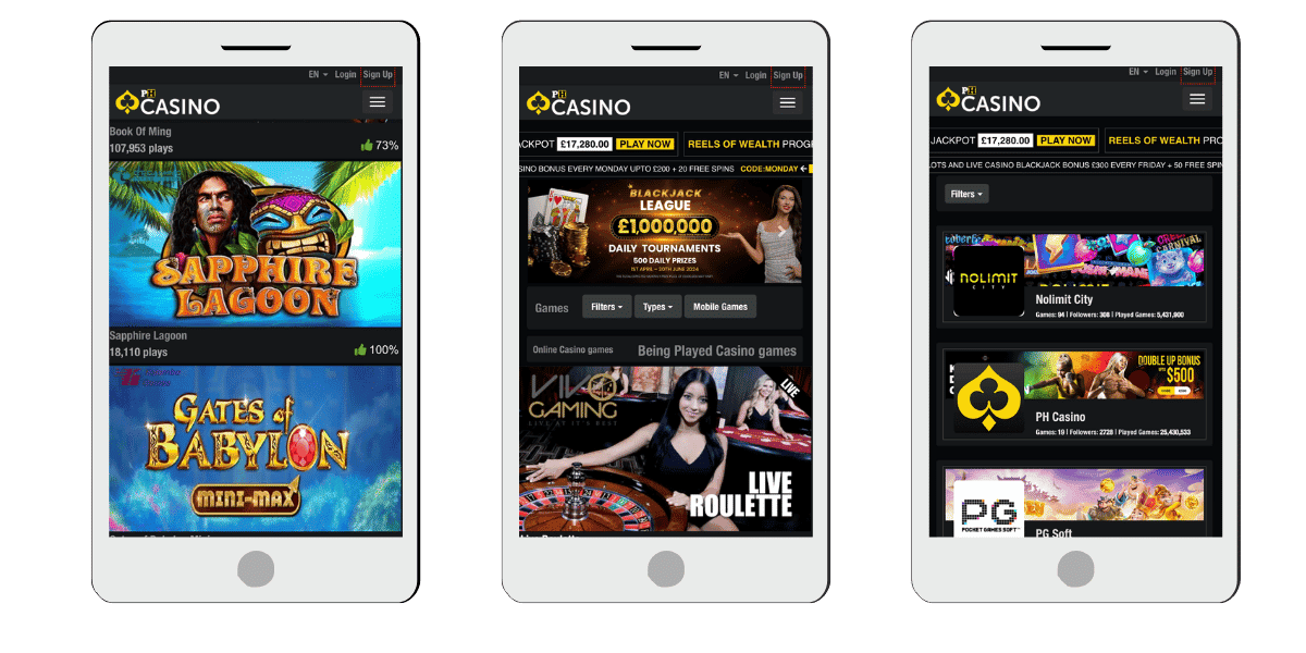 A showcase of a casino website interface displayed on three mobile screens, featuring various casino games such as "Sapphire Lagoon" and "Gates of Babylon," alongside a live roulette section.